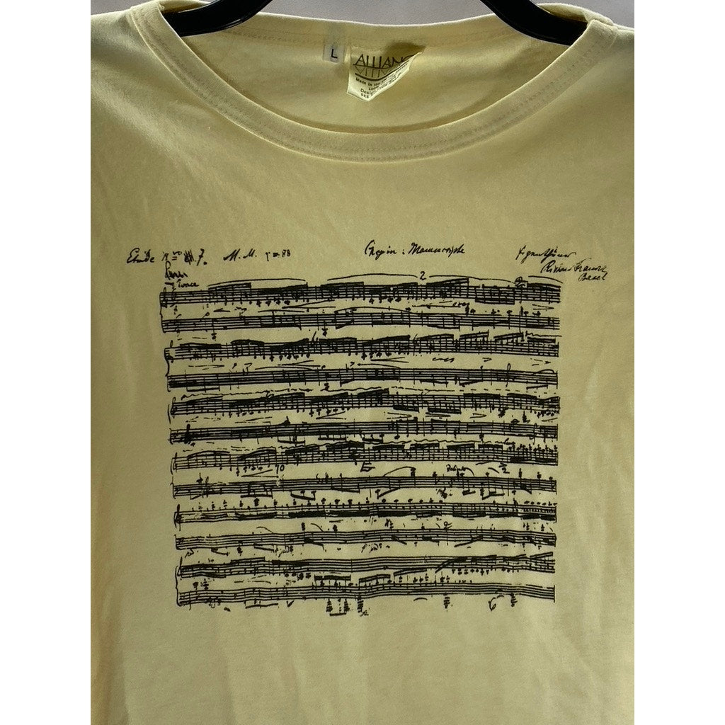 ALLIANCE Men's Beige Music Script Crewneck Long Sleeve T-Shirt SZ L