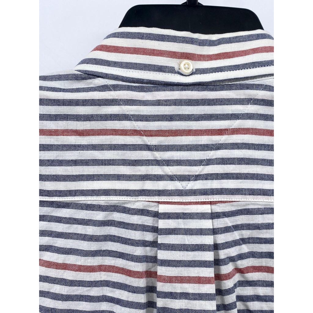 TOMMY HILFIGER Men's Blue-Red Striped Classic-Fit Button-Up Shirt SZ L