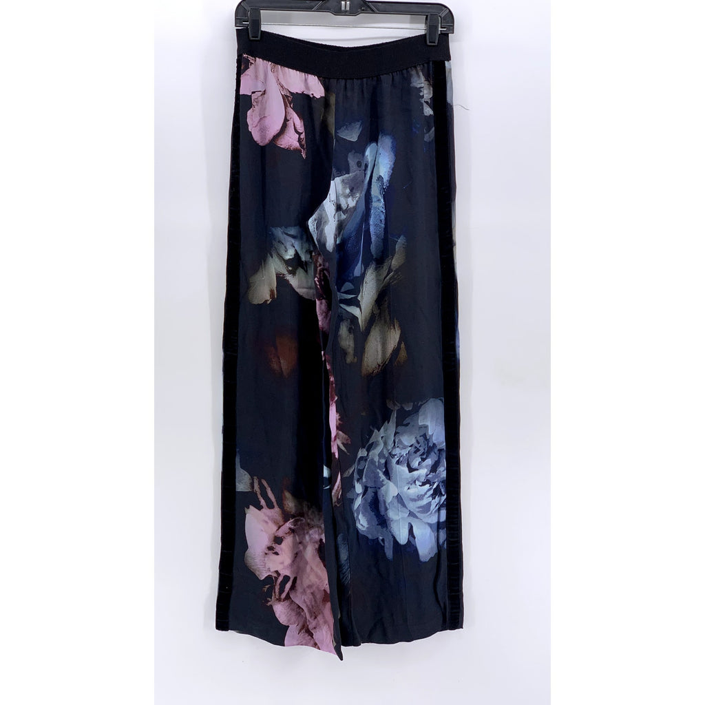 FUZZI Women's Black Floral Suede Stripe Wide-Leg Pants SZ 42(US/M)