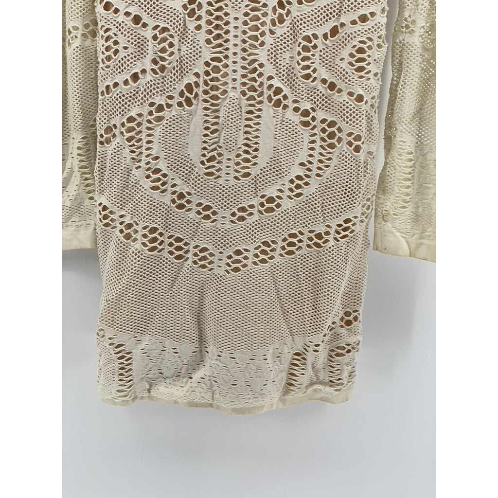 UNBRANDED Women's Cream Lace Long Sleeve Scoop-Neck Mini Dress SZ S