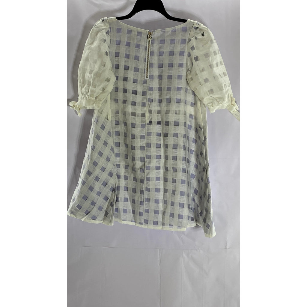 PARIS 99 Women's Purple/White Lace Checkered Puff-Sleeve Mini Dress SZ 6