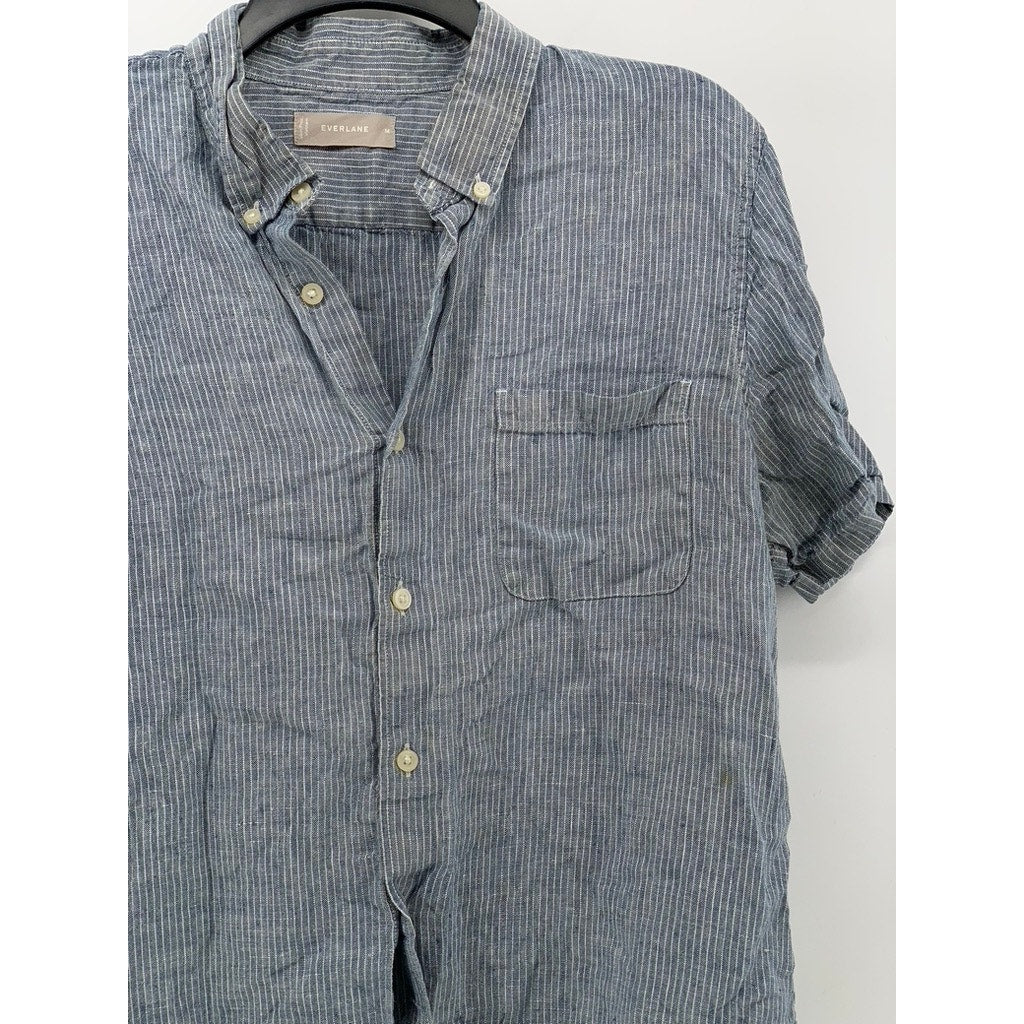 EVERLANE Men's Blue-White Micro Striped Linen Button-Up Short Sleeve Shirt SZ M
