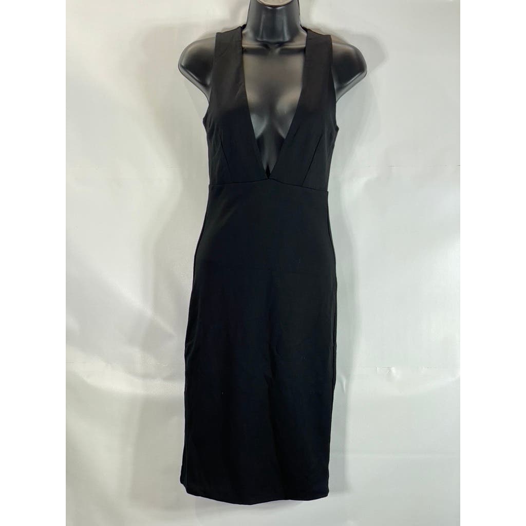AQ/AQ Women's Black Deep Plunge V Neck Sleeveless Jane Knee Length Dress SZ 0