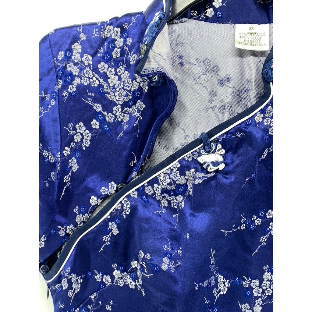 UNBRANDED Women's Dark Blue Satin Floral Print Cheongsam Dress SZ 38(US10)