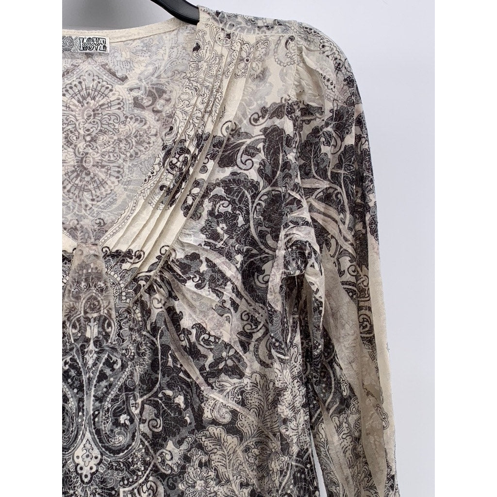 LOVE AMOUR Women's Wihte-Black Y2K Floral 3/4 Sleeve Top SZ M