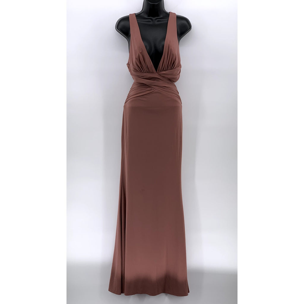 KATIE MAY Women's Ash Rose Secret Agent Plunging V-Neck Open-Back Gown SZ S