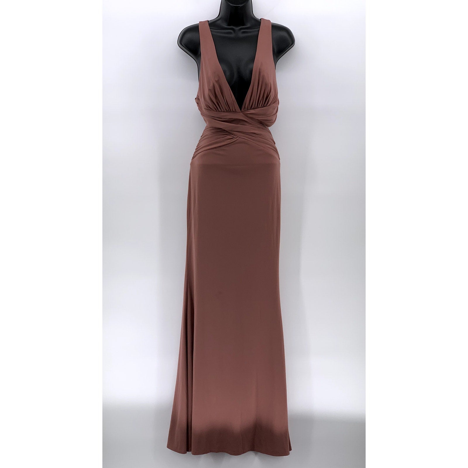 KATIE MAY Women's Ash Rose Secret Agent Plunging V-Neck Open-Back Gown SZ S