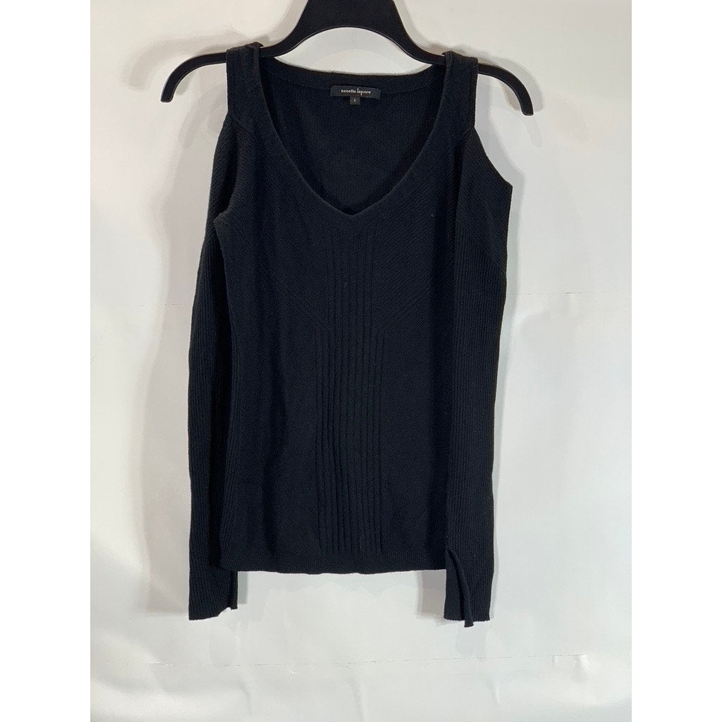 NANETTE LEPORE Women's Black Ribbed Cutout Shoulder Long Sleeve Top SZ S