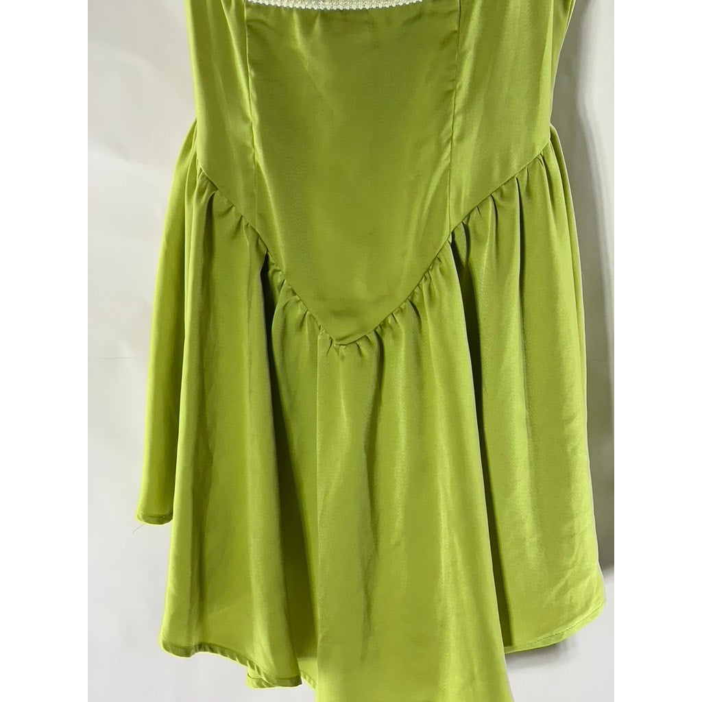 UNBRANDED Women's Lime Green Straight-Neck Spaghetti Strap Ruffle Mini Dress SZS