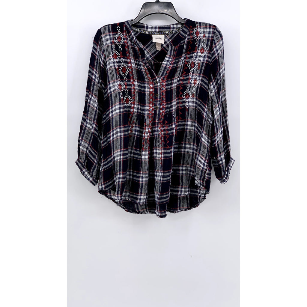 KNOX ROSE Women's Blue-Red Embroidered Popover Long Sleeve Flannel Top SZ L