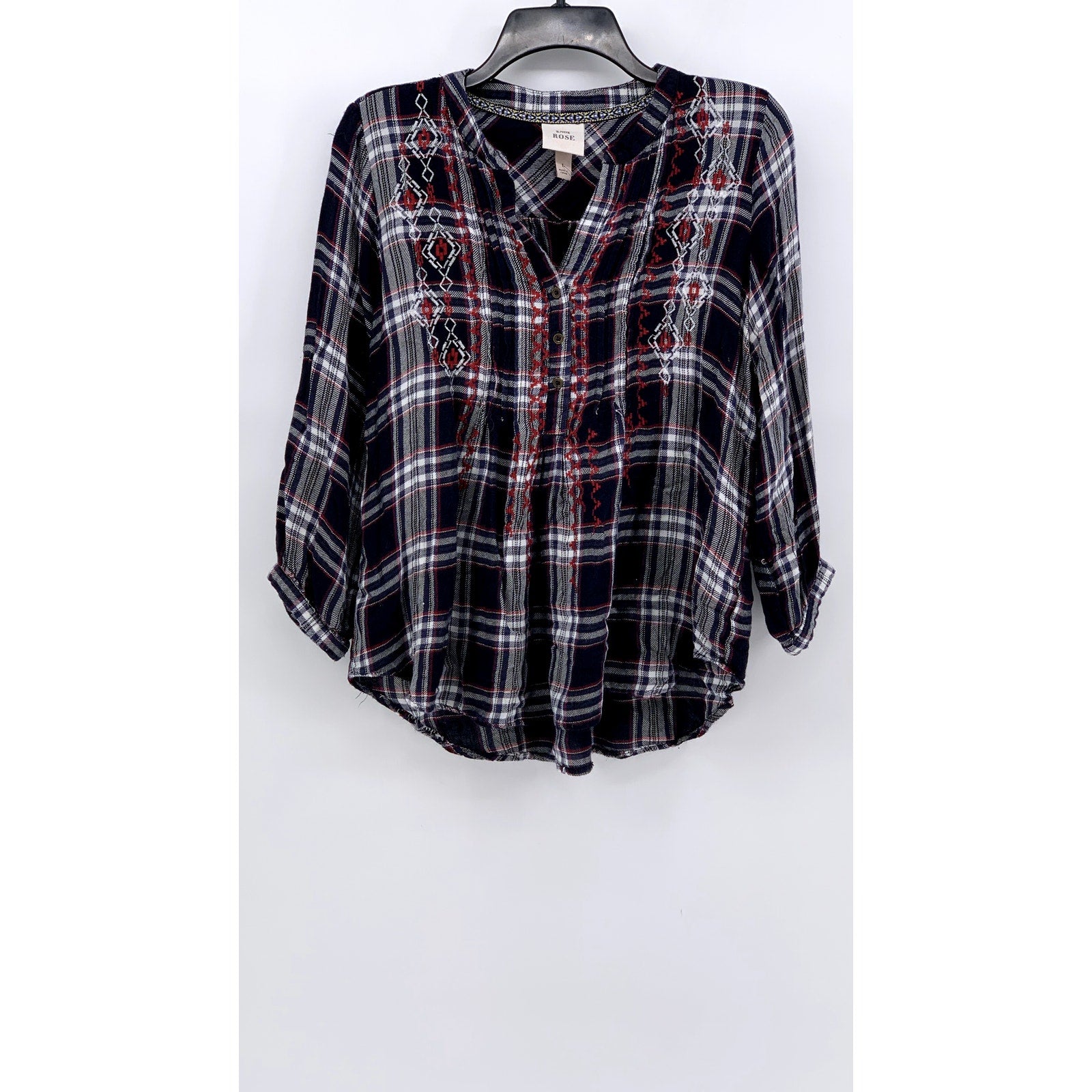 KNOX ROSE Women's Blue-Red Embroidered Popover Long Sleeve Flannel Top SZ L