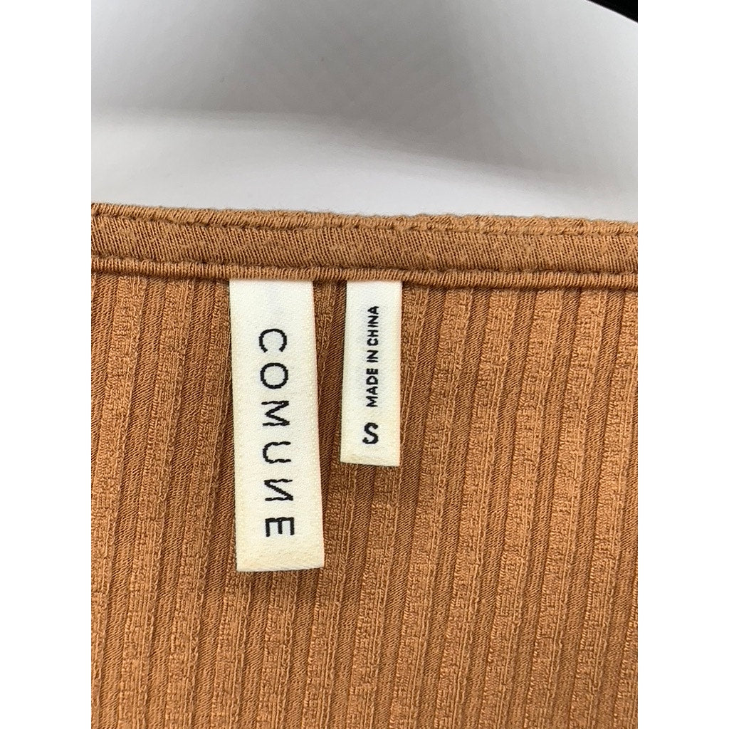 COMUNE Women's Camel Brown Crewneck Ribbed Long Sleeve Cropped Top SZ S