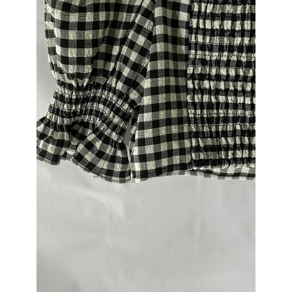 DIVIDED By H&M Women’s Black-White Checkered Sweetheart Neck Puff Crop Top SZ S
