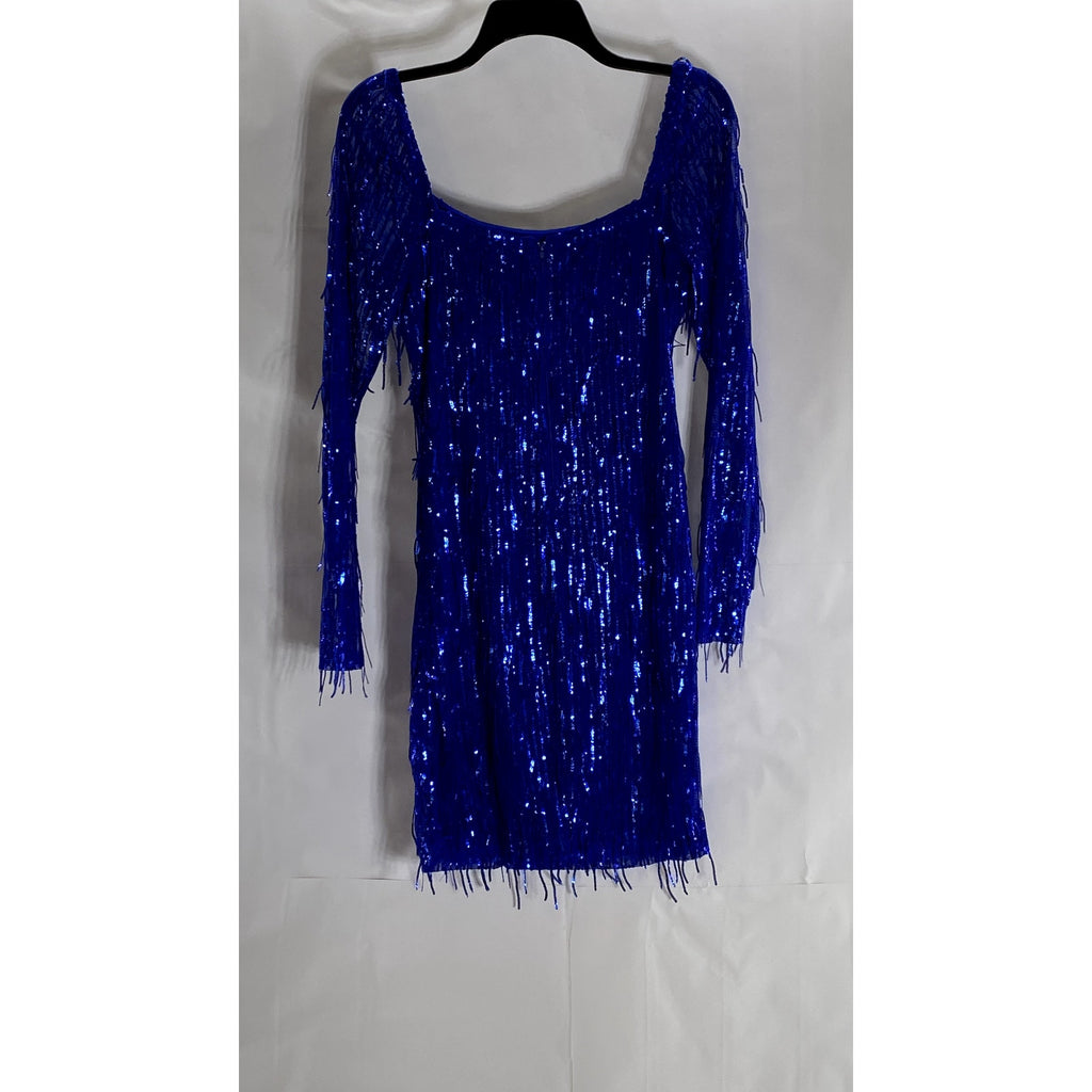 CITY TRIANGLES Juniors Blue Mesh Sequin Embellished Straight-Neck Mini Dress SZ7