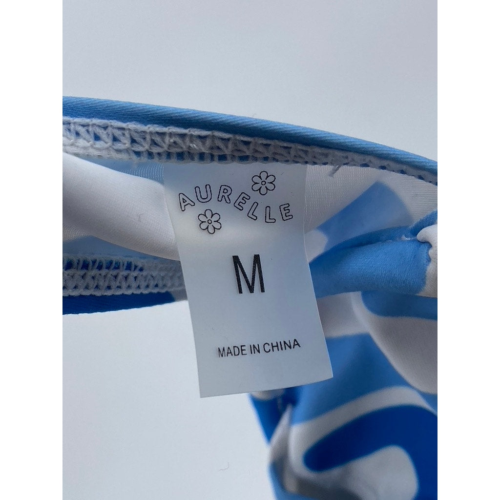 AURELLE Women's Blue-White Swirl Print Adjustable Strap Bikini Top SZ M