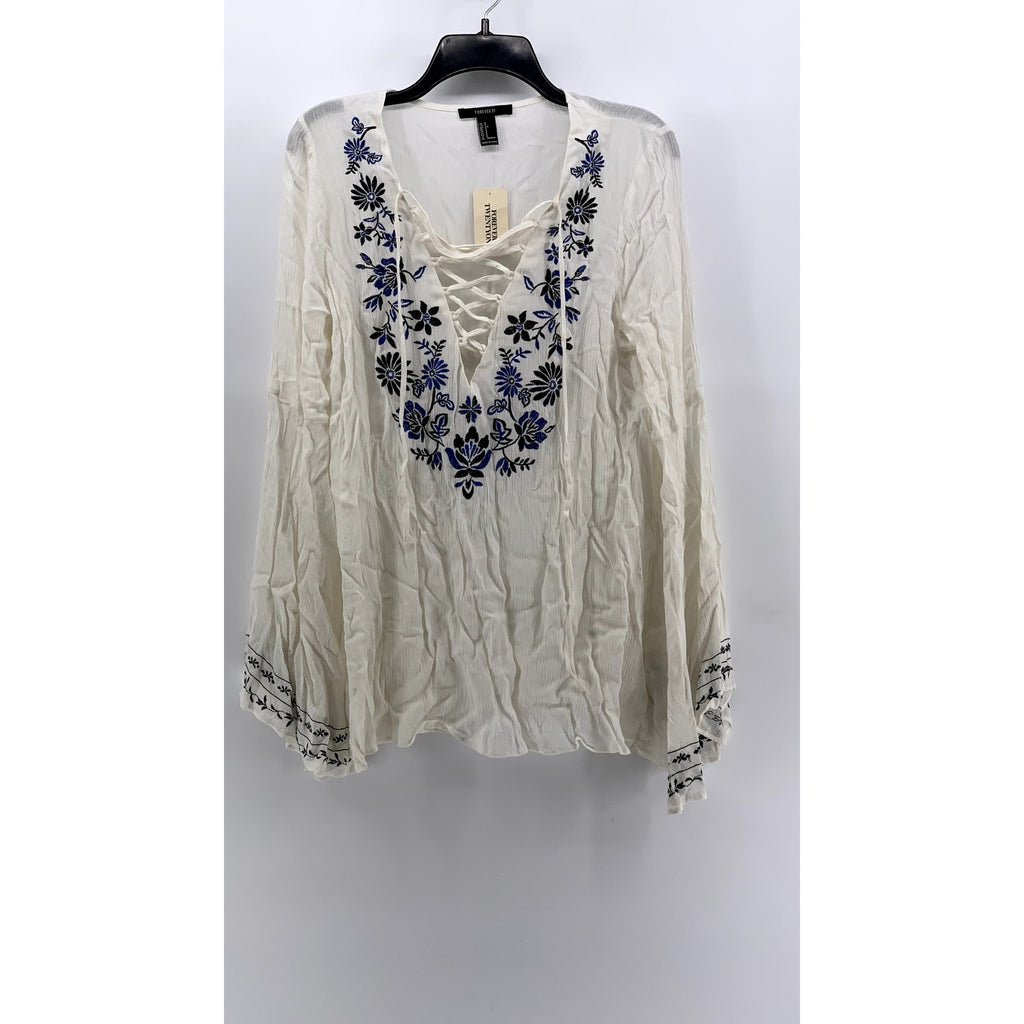 FOREVER 21 Women's White-Navy Embroidered Lace-Up Long Sleeve Dress SZ S