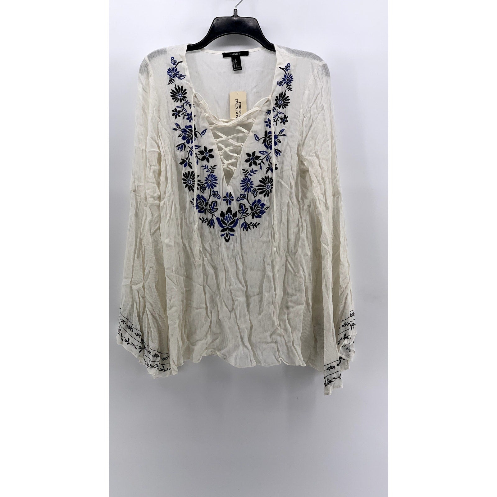 FOREVER 21 Women's White-Navy Embroidered Lace-Up Long Sleeve Dress SZ S