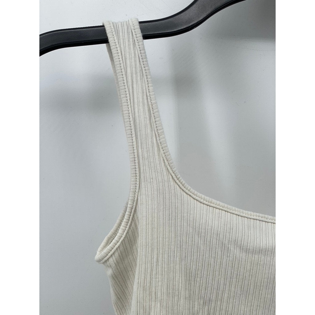 UNBRANDED Women's White Straight-Neck Ribbed Padded Tank Top SZ S