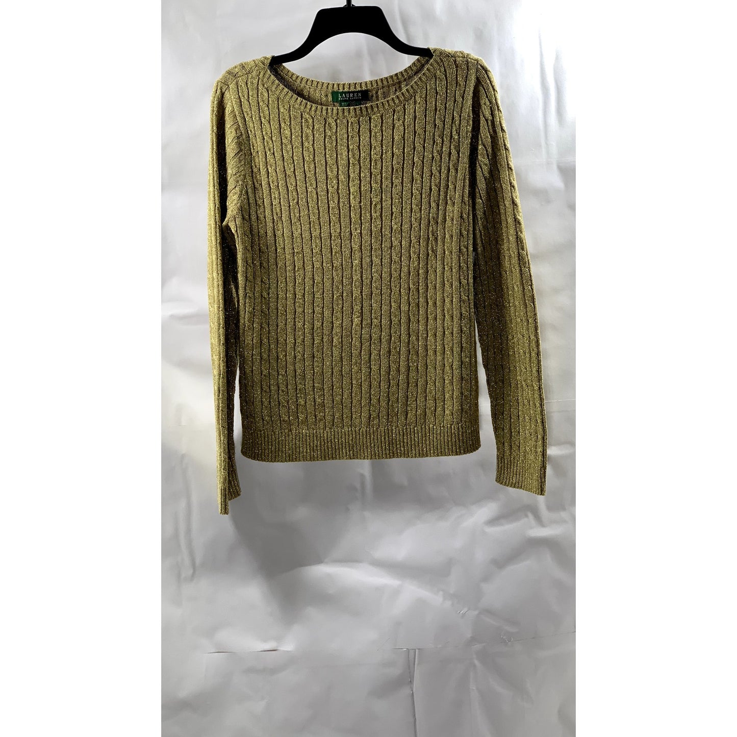 LAUREN RALPH LAUREN Women's Brown Metallic Silk-Blend Cable Knit Sweater SZ L