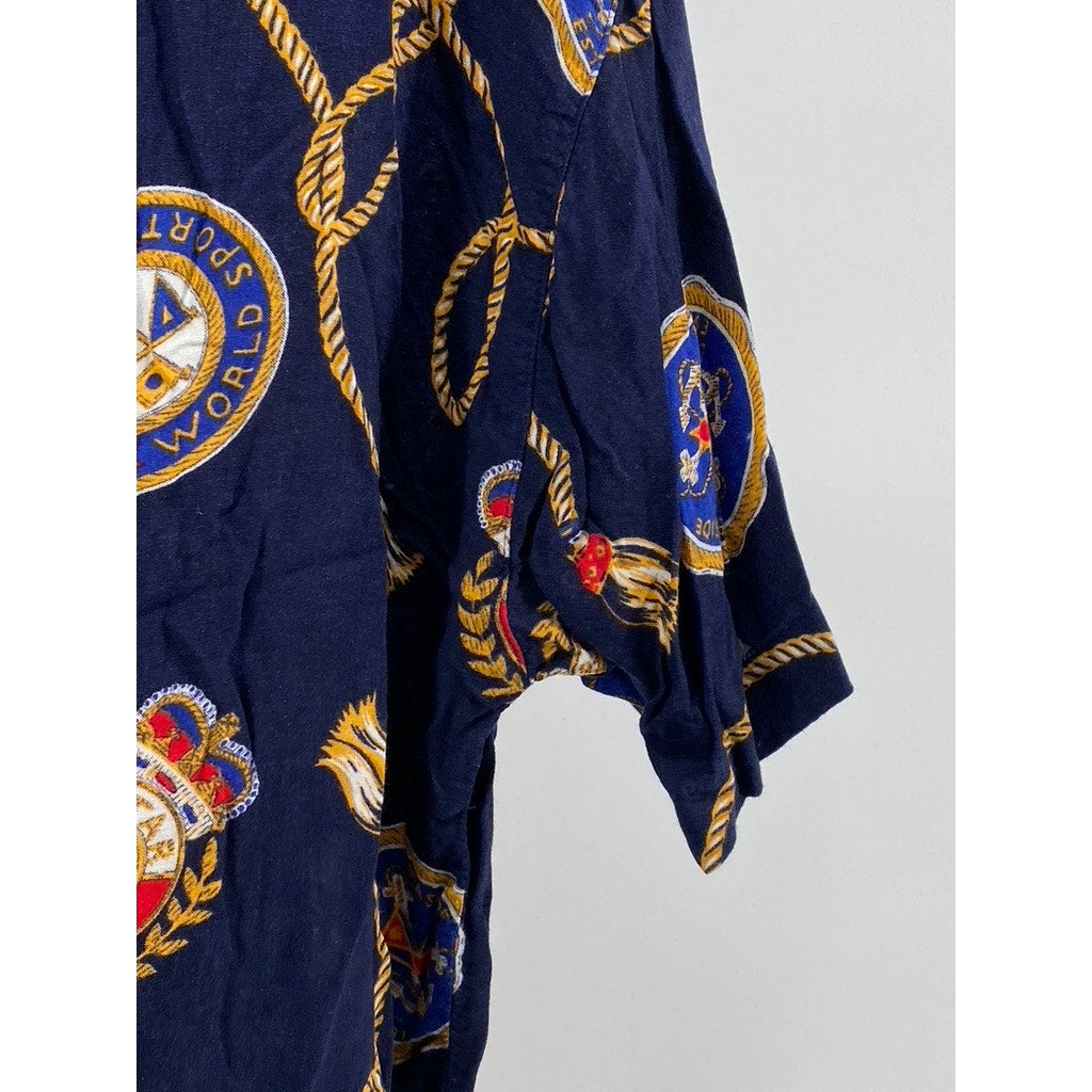 HUNTERS RUN Women's Vintage Navy Nautical Sailor Short Sleeve Button-Up Top SZ L