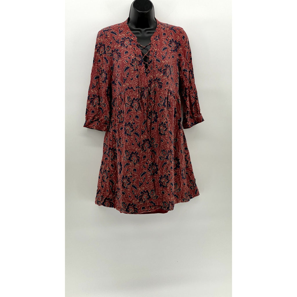MADEWELL Women's Red Floral Silk Lace-Up V-Neck Long Sleeve A-Line Dress SZ S