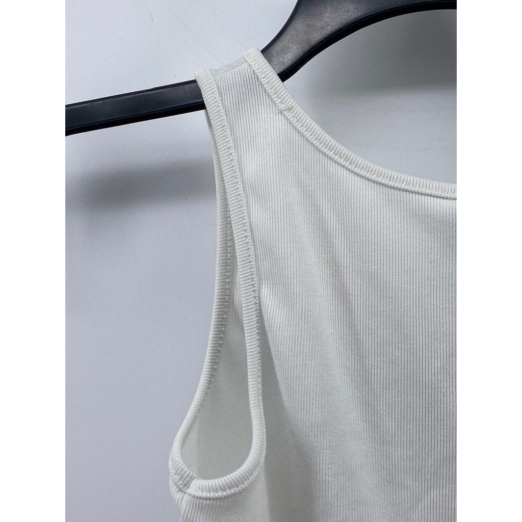 SHEIN Women's White Ribbed Motor Sport Scoop-Neck Cropped Tank Top SZ XS