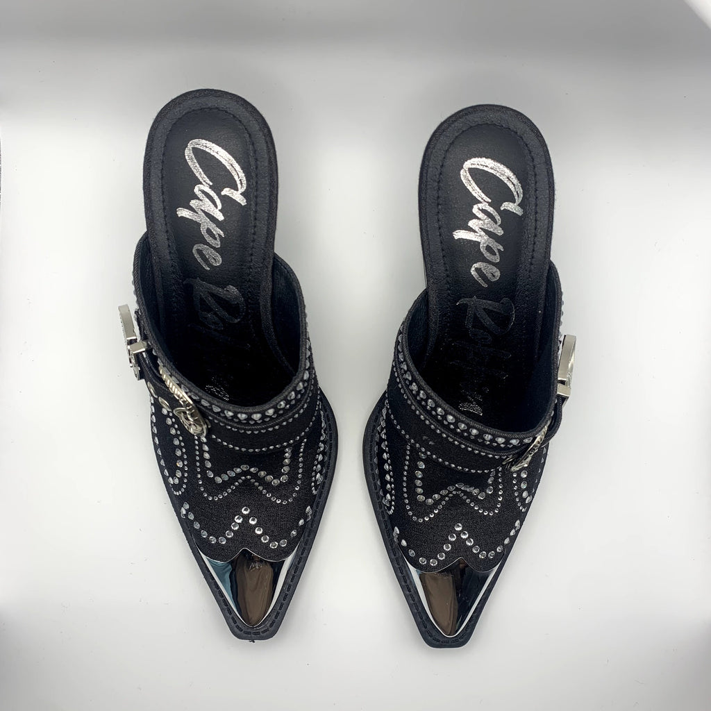 CAPE ROBBIN Women's Black Viv Rhinestone Denim Buckle Pointed-Toe Heels SZ 8