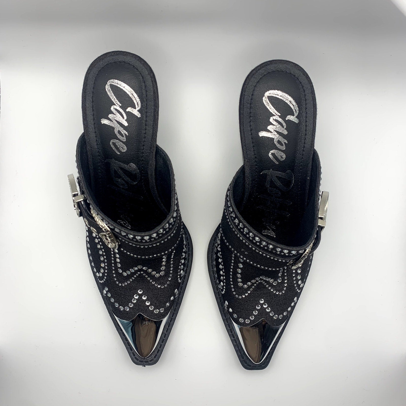 CAPE ROBBIN Women's Black Viv Rhinestone Denim Buckle Pointed-Toe Heels SZ 8