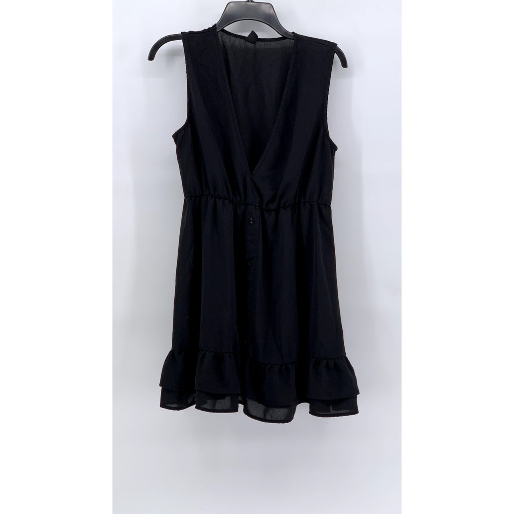 SHEIN Women's Black V-Neck Sleeveless Ruffle-Hem Knee Length Dress SZ 6