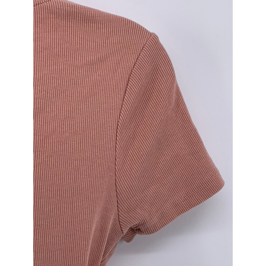 GUESS Women's Light Pink Ribbed Cutout Zip-Up Short Sleeve Top SZ S