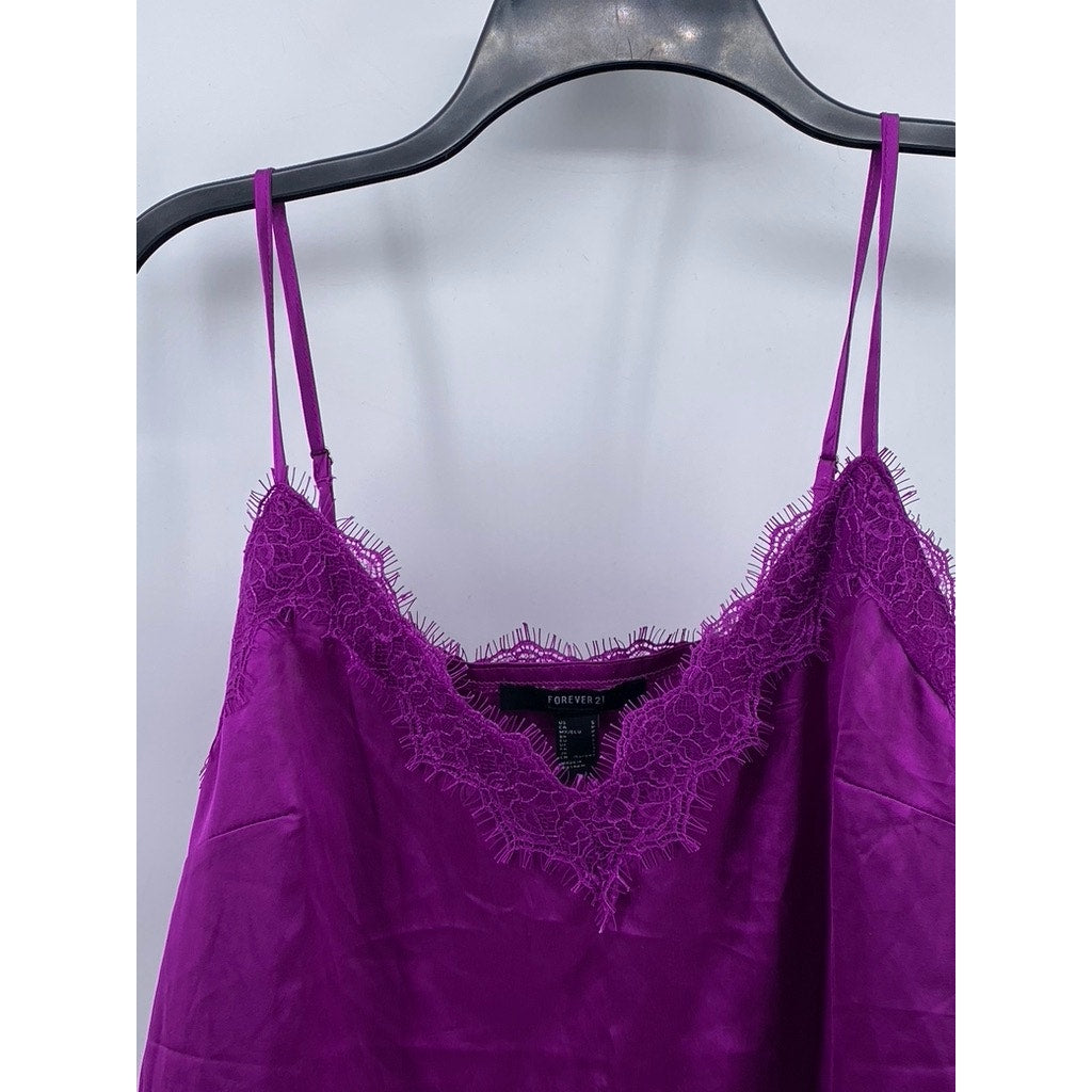 FOREVER 21 Women's Purple Lace-Trim Spaghetti Strap Satin Cami Top SZ S