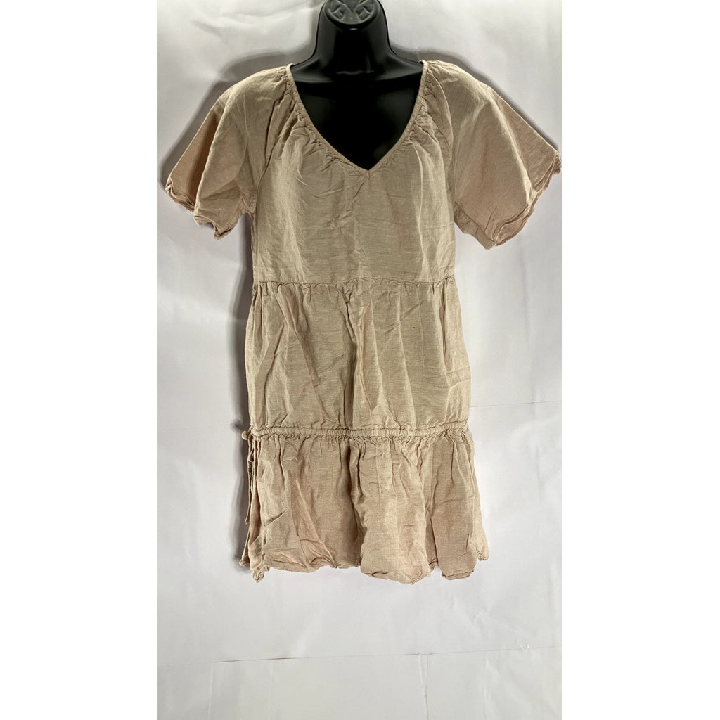 MADEWELL Women's Dusty Blush Linen-Blend V-Neck Tiered Lorelei Mini Dress SZ S