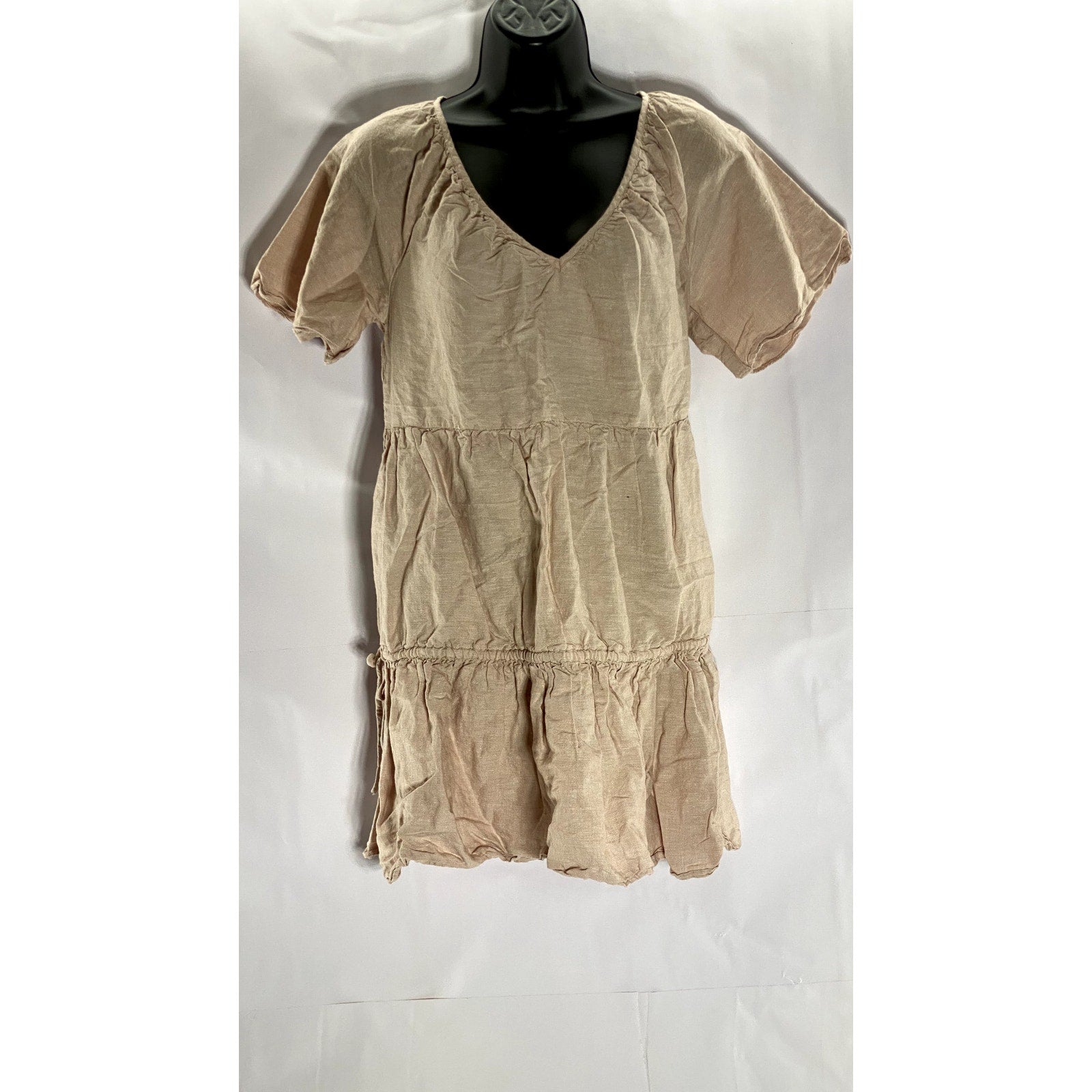 MADEWELL Women's Dusty Blush Linen-Blend V-Neck Tiered Lorelei Mini Dress SZ S