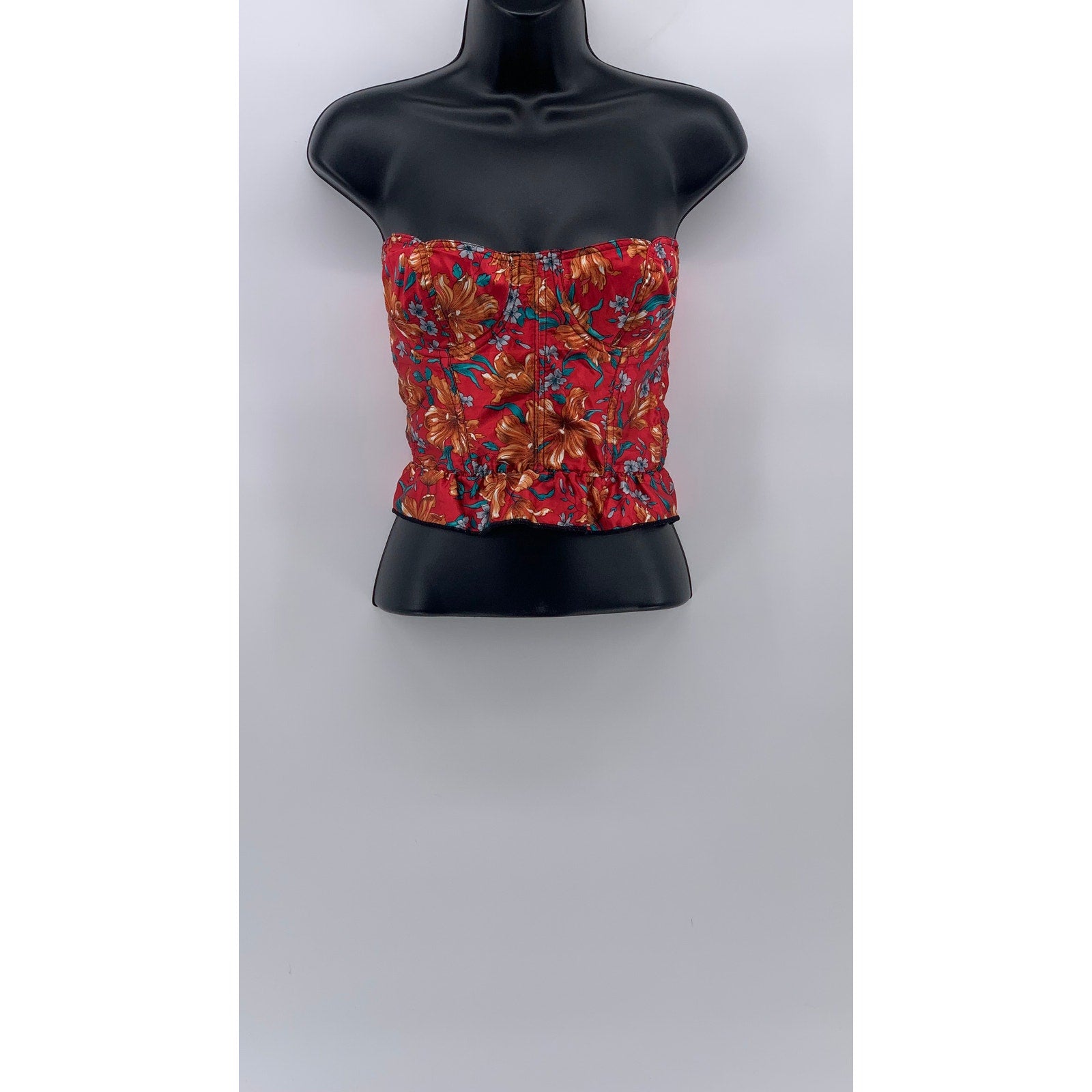 UNBRANDED Women's Vintage Red-Black Floral Strapless Corset Bustier Top SZ S