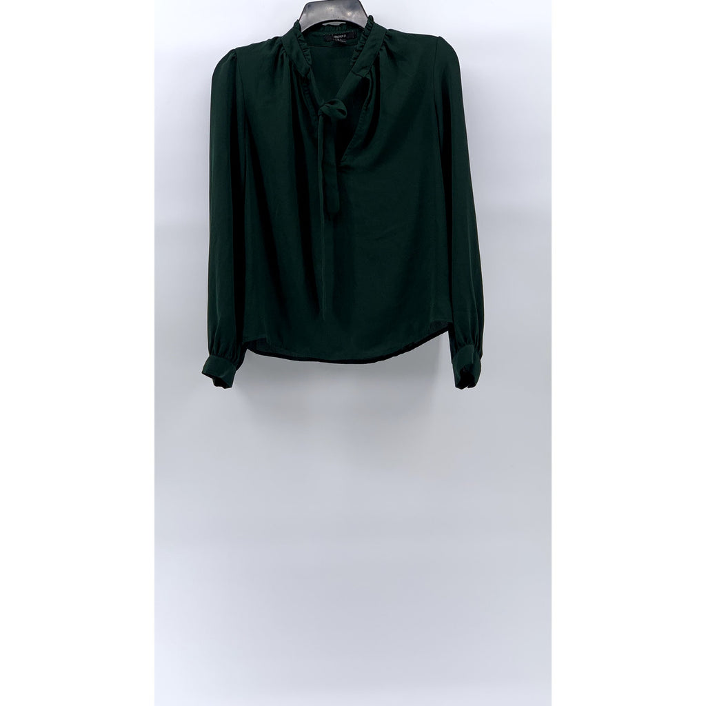 FOREVER 21 Women's Forest Green Semi Sheer Ruffle Tie-Neck Long Sleeve Top SZ S