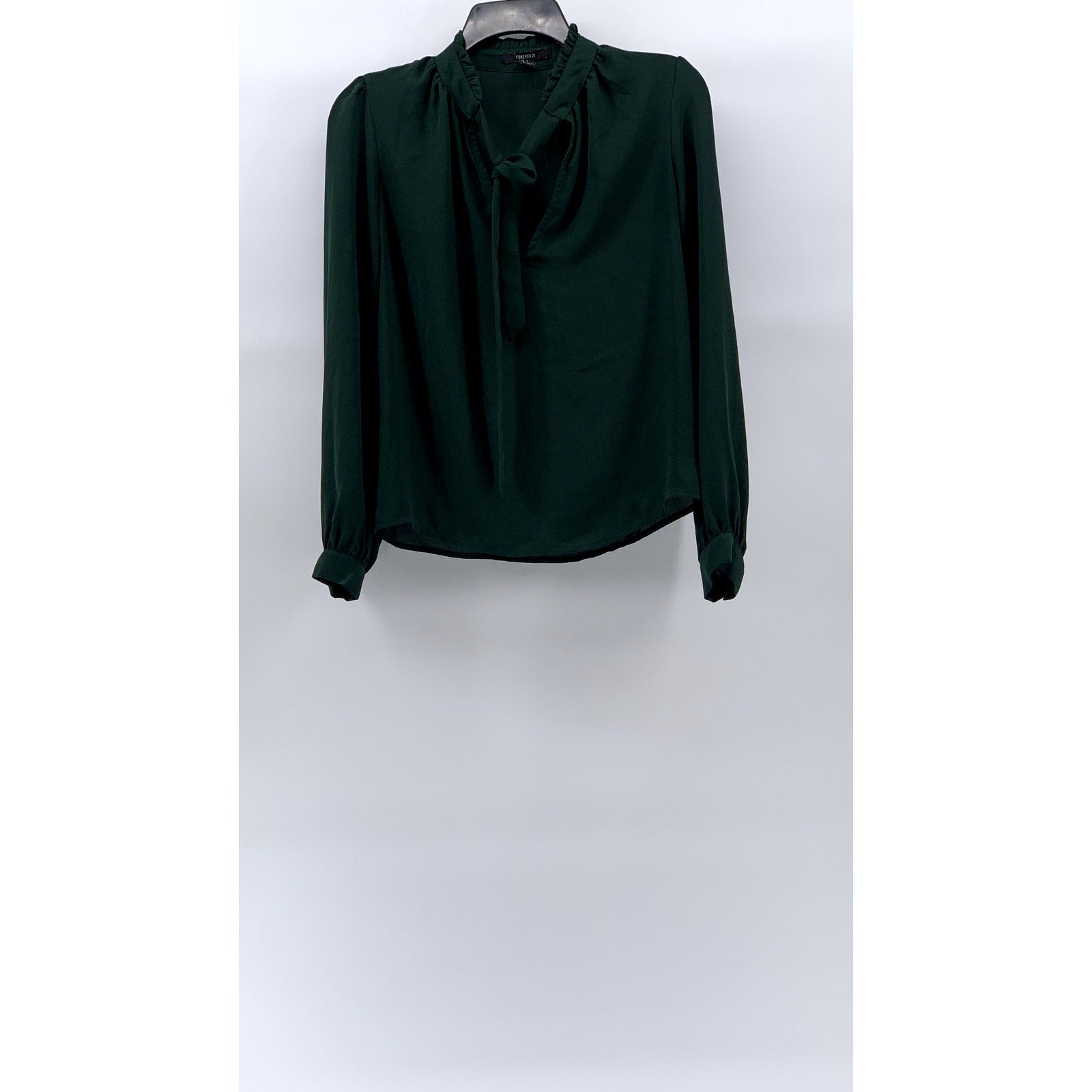 FOREVER 21 Women's Forest Green Semi Sheer Ruffle Tie-Neck Long Sleeve Top SZ S