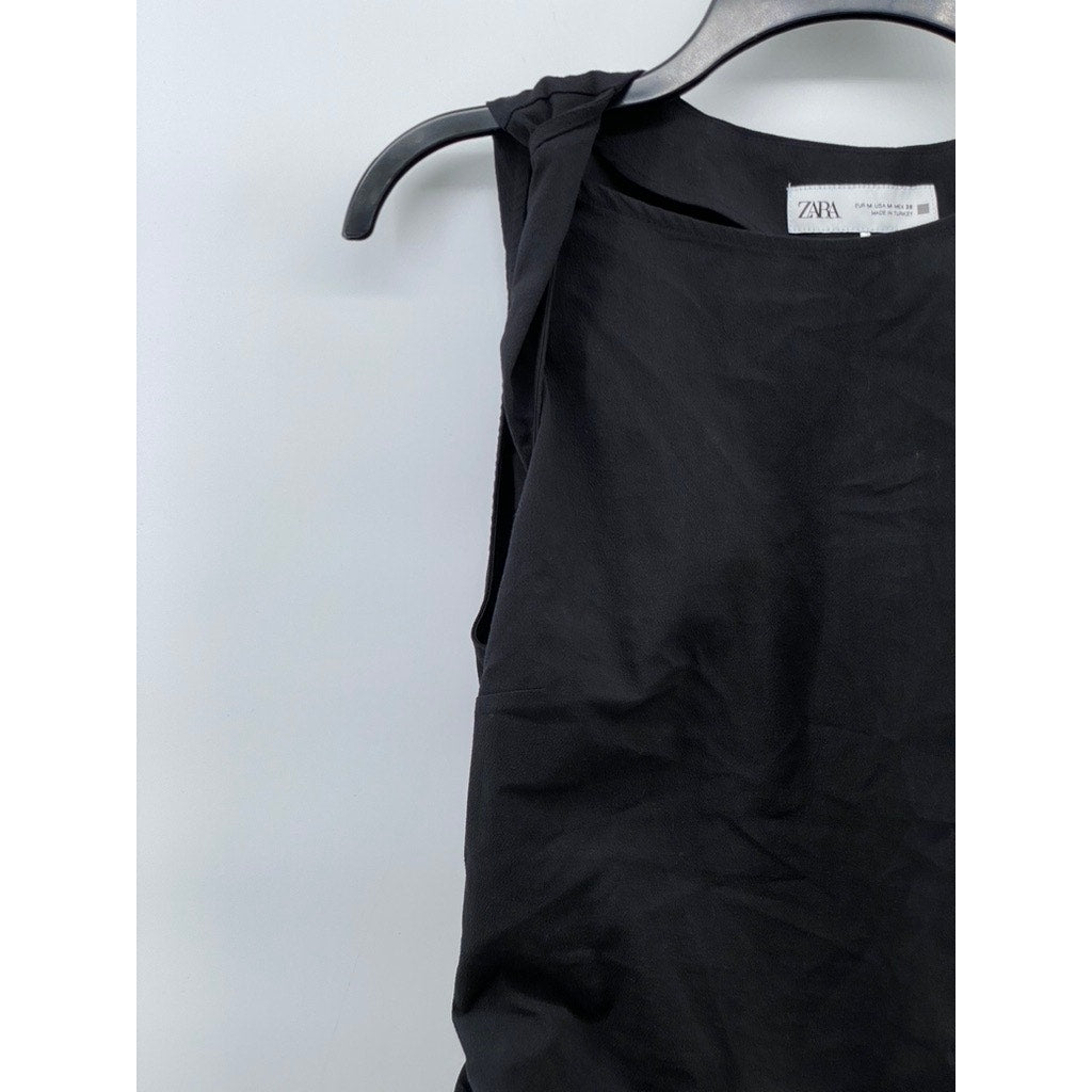 ZARA Women's Black Solid Crewneck Sleeveless Side Ruched Bodycon Mini Dress SZ M
