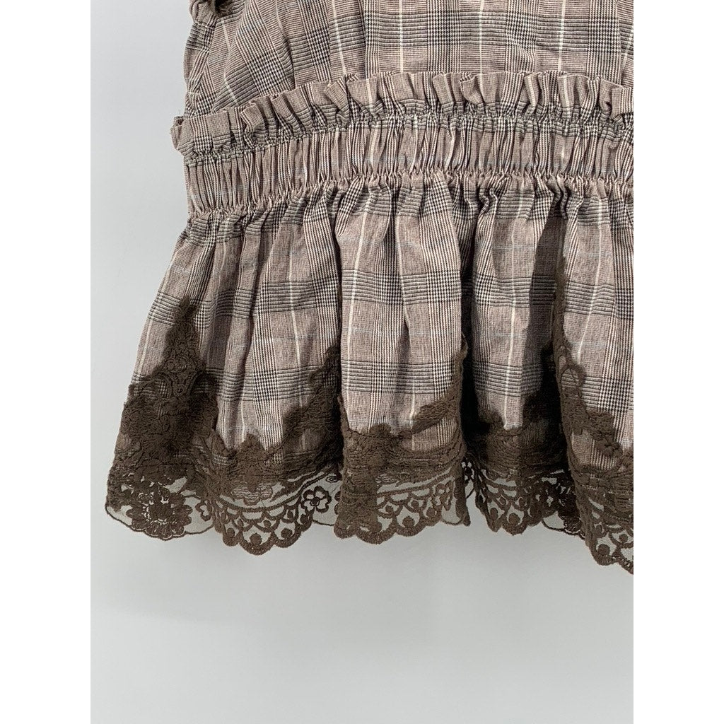 GROOVE Women's Brown Lace-Trim Plaid V-Neck Ruffle Camisole Top SZ S