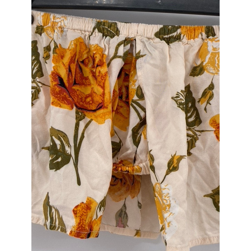 FREE2BU Women's Cream Floral Print Ruffle Strapless Crop Top SZ 6