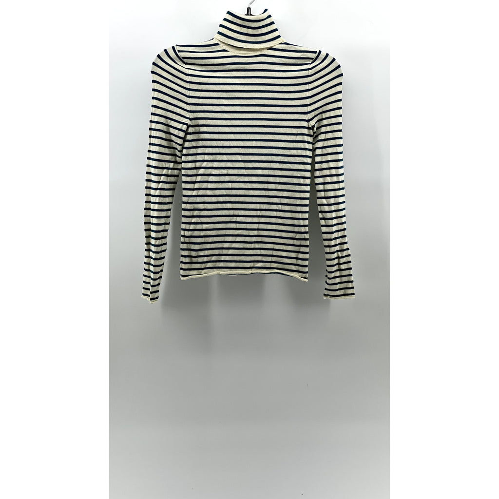 ZARA Women's Cream-Teal Blue Striped Knit Long Sleeve Turtleneck Top SZ S