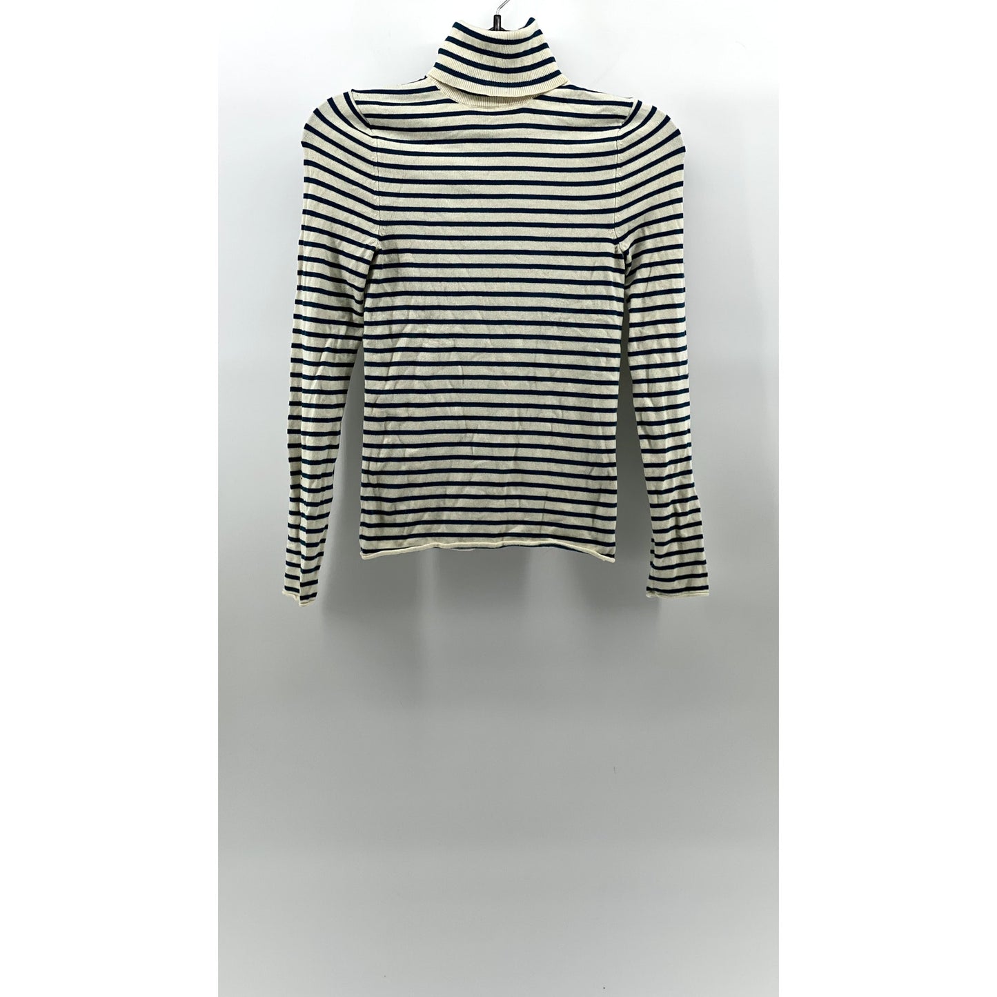 ZARA Women's Cream-Teal Blue Striped Knit Long Sleeve Turtleneck Top SZ S