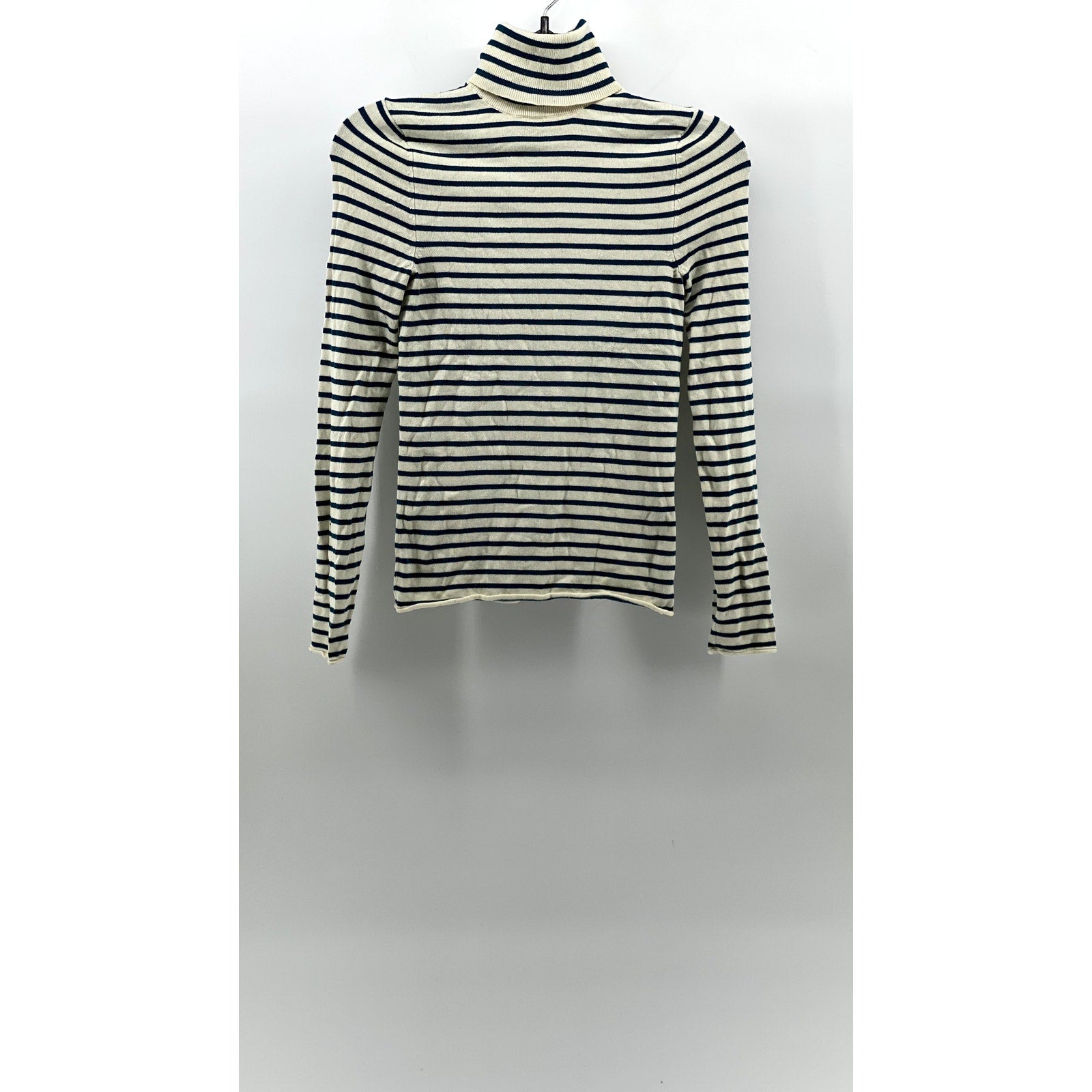 ZARA Women's Cream-Teal Blue Striped Knit Long Sleeve Turtleneck Top SZ S