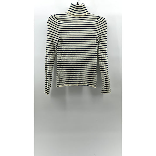 ZARA Women's Cream-Teal Blue Striped Knit Long Sleeve Turtleneck Top SZ S