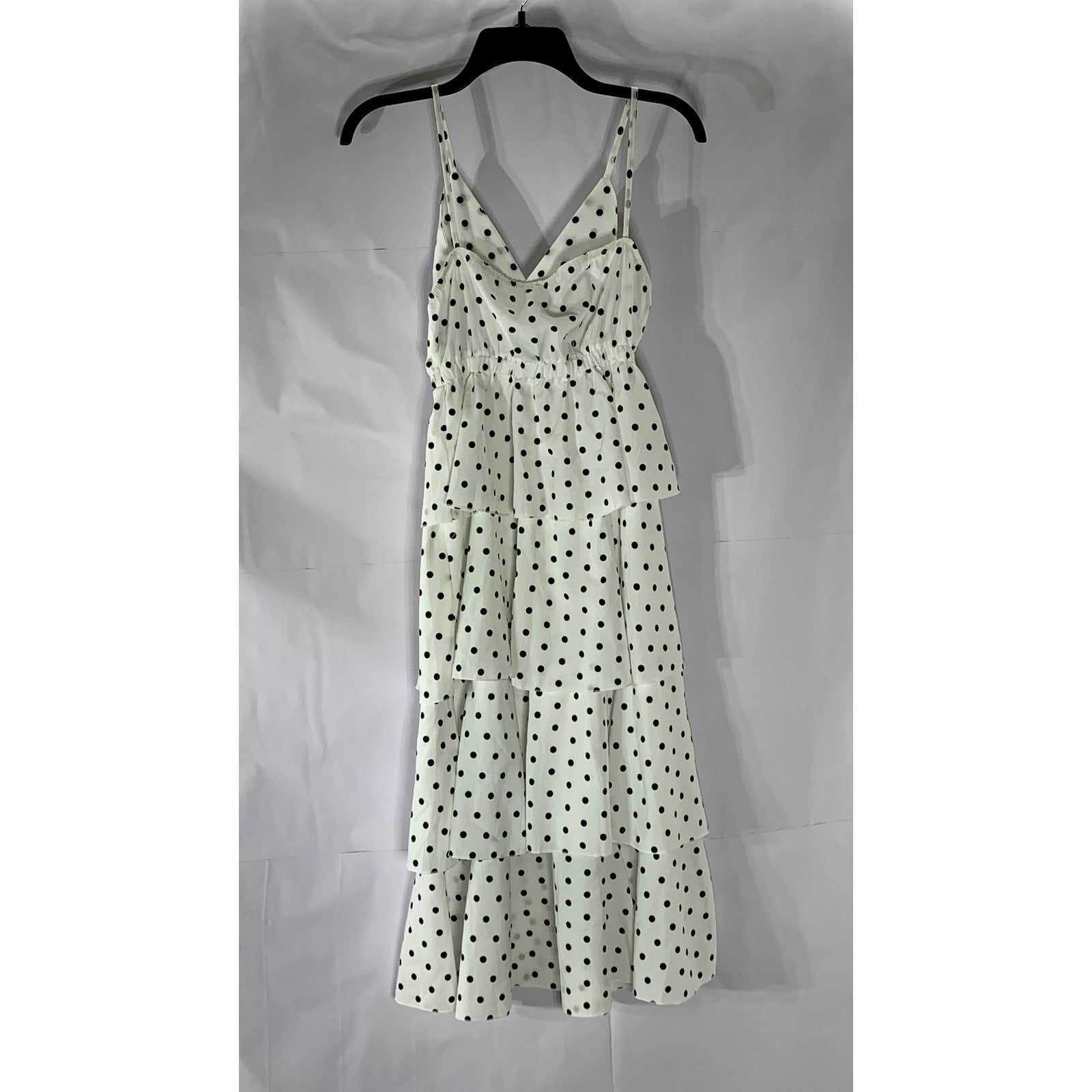 UNBRANDED Women's White-Black Polka-Dot V-Neck Tiered Midi Dress SZ S