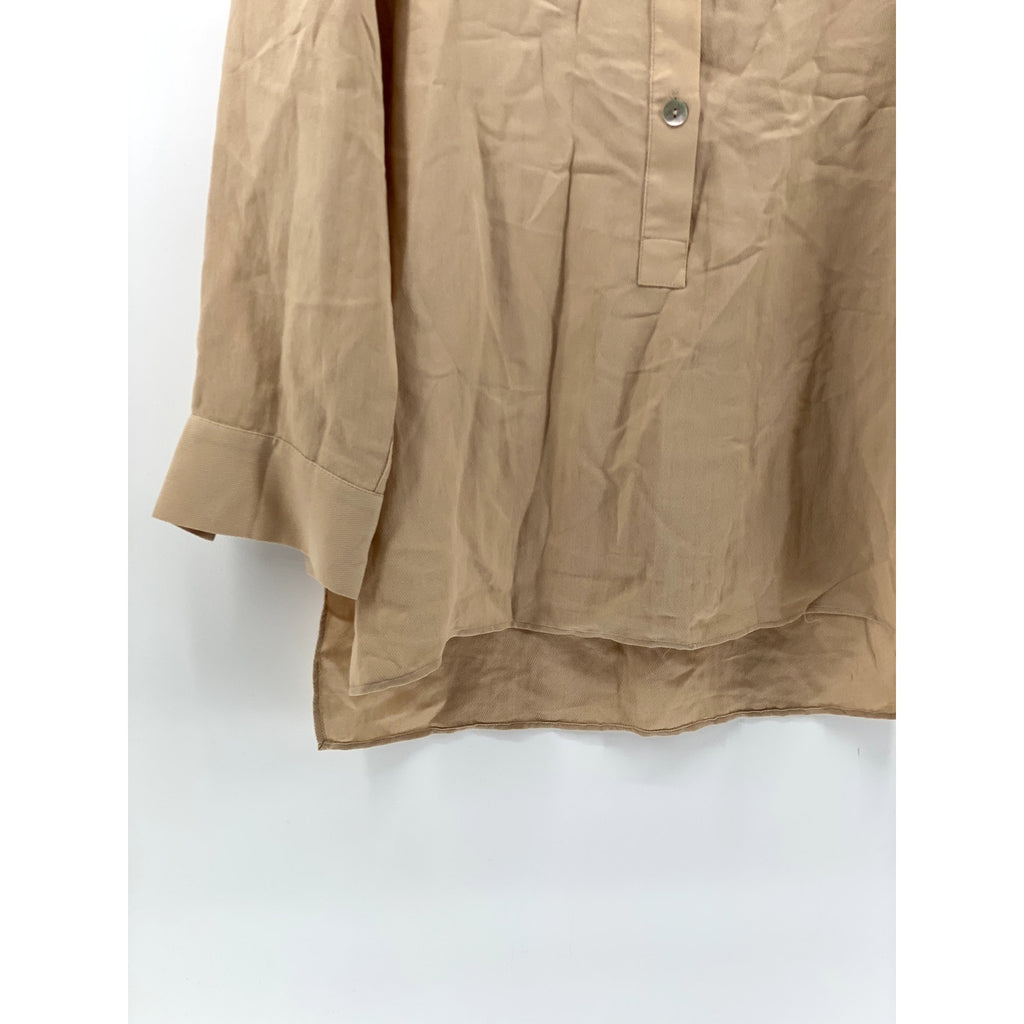 UNBRANDED Women's Beige Mandarin Collar Long Sleeve Side-Slit Tunic Top SZ L