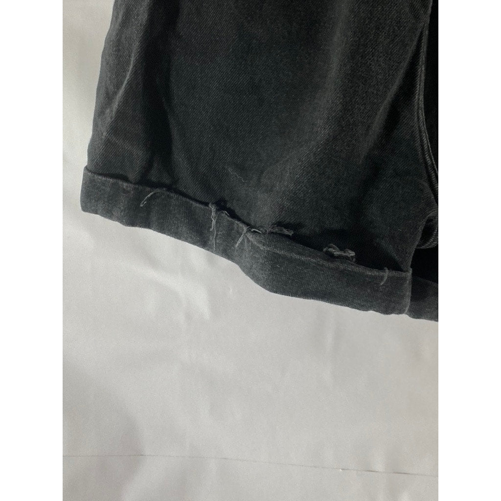 ZARA Women's Black Ruffle-Elasticized Waist Denim Cuffed Paperbag Shorts SZ 34