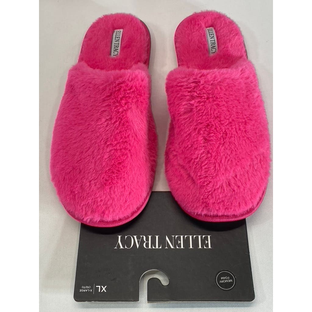 ELLEN TRACY Women's Fuchsia Faux-Fur Comfy Round-Toe Memory Foam Slipper SZ XL