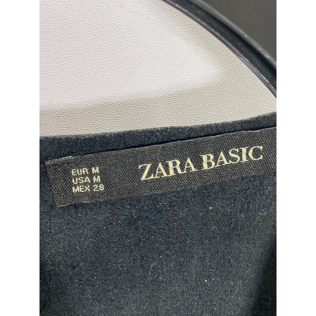 ZARA BASIC Women's Black Faux-Leather Contrast Stitch Back Zipper Top SZ M