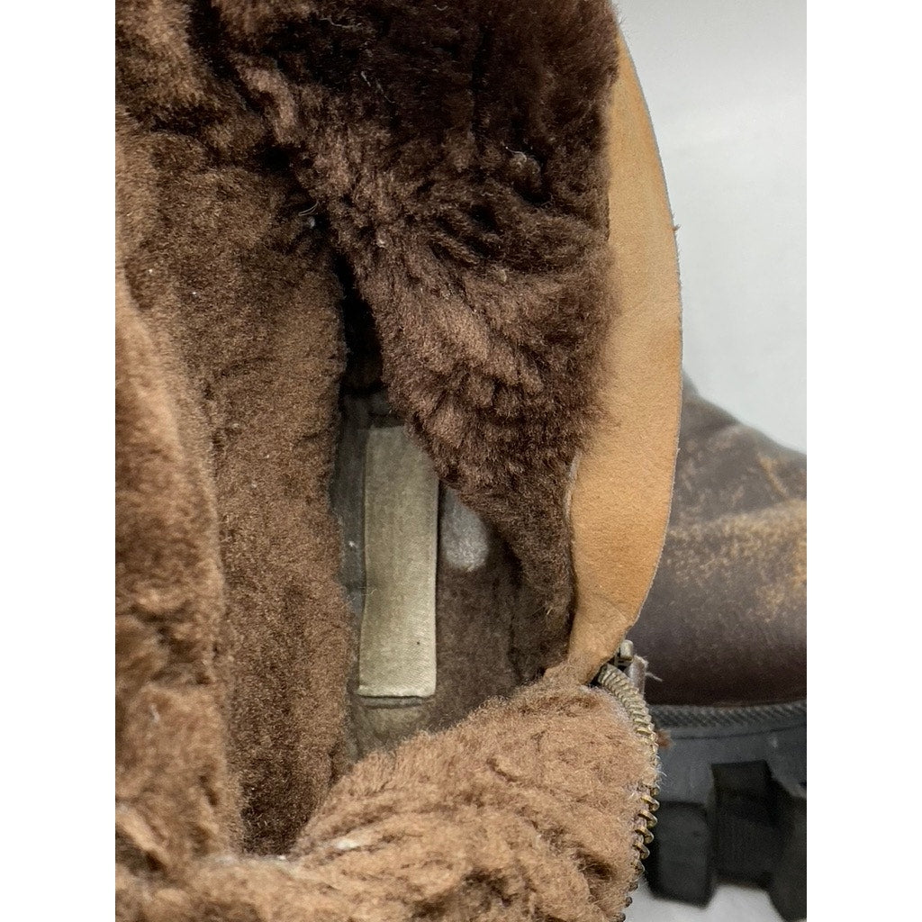 Women's Brown Leather Distressed Black Heel Mid-Calf Shearling Boots SZ 40(US10)