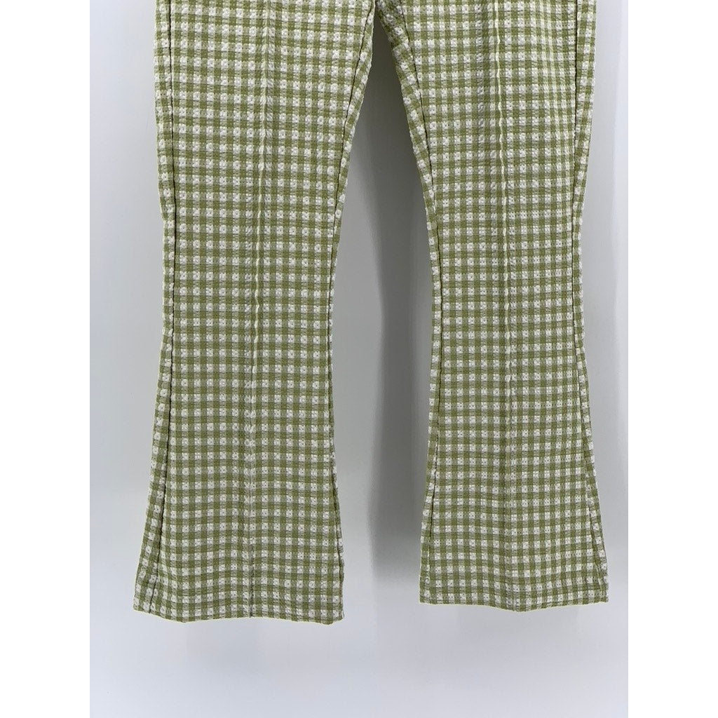 BERSHKA Women's Green-White Gingham Kick Flare Pocketless Split Hem Pant SZ 2